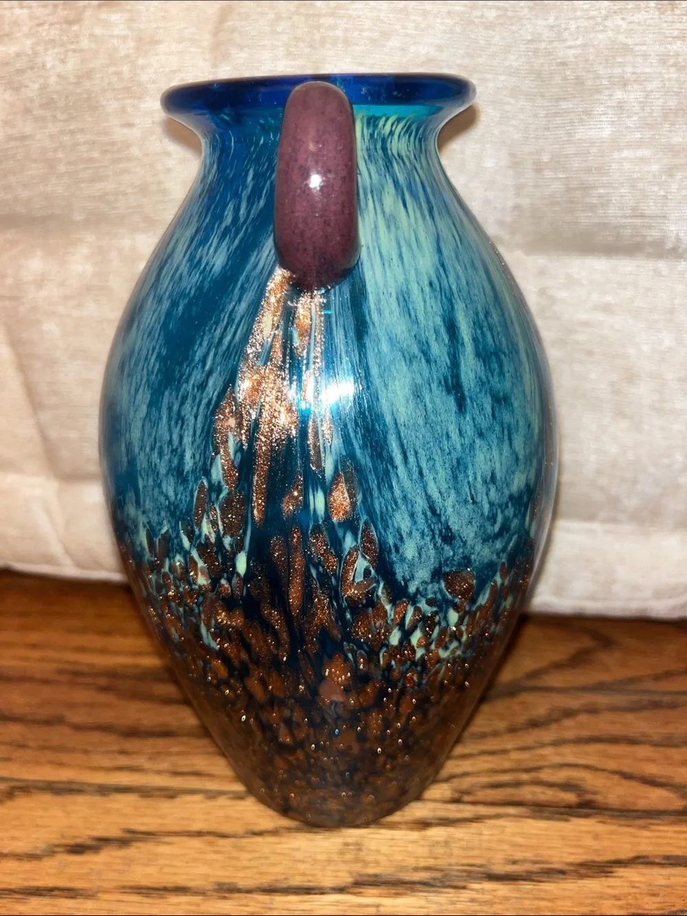 Dale Tiffany Blue and Copper Glass Vase with Loop Handles
